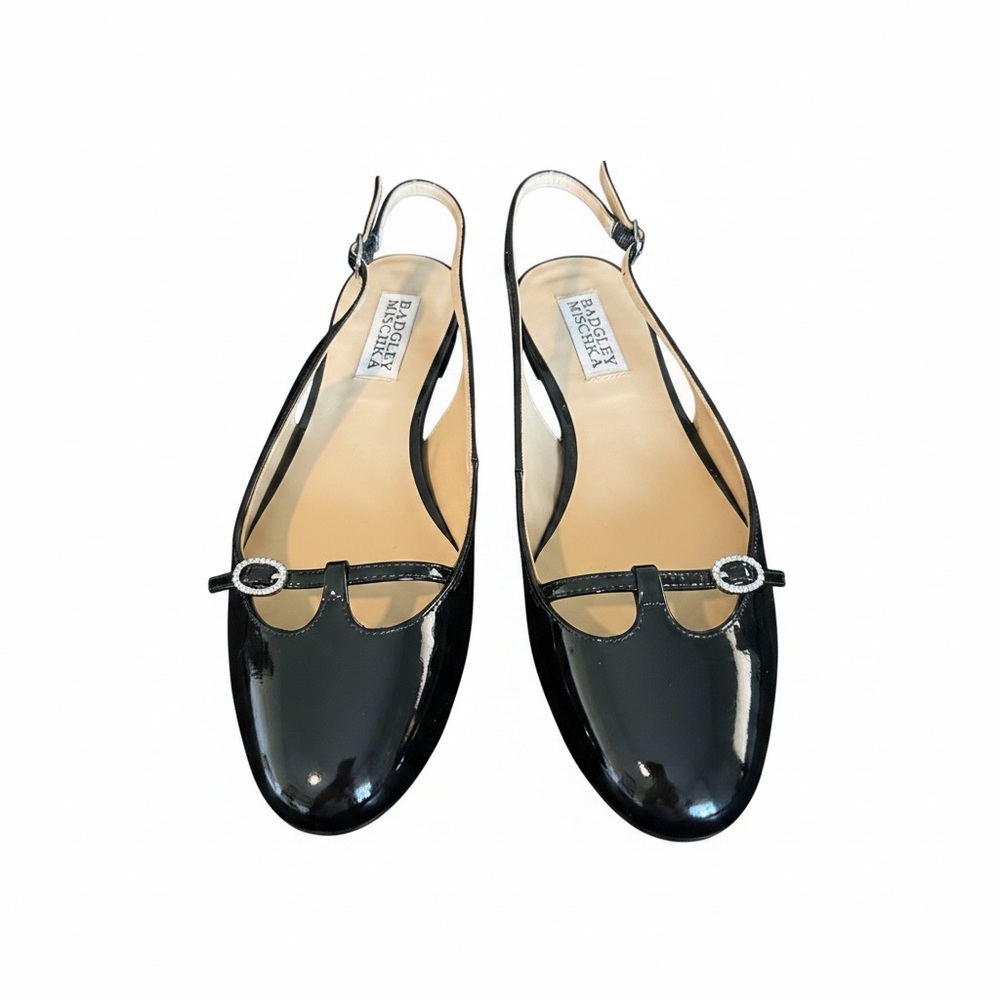 Badgley Mischka Black Patent Slingback Flats with Buckle Accent size 6